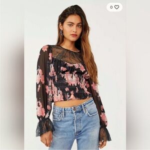 Free People Floral Print Lace Ruched Whimsigoth Fairygoth Crop Top Blouse Sz L